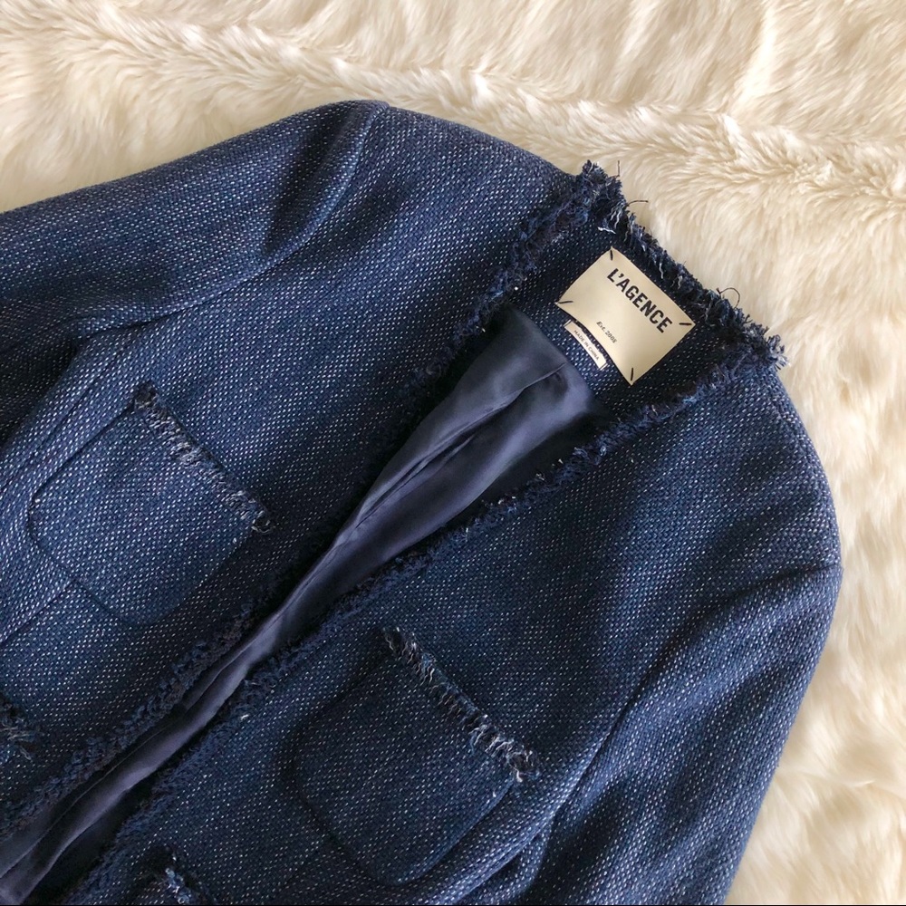 L’Agence Blue Tweed Frayed Hem Jacket